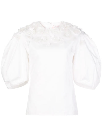 Floral Appliqués Puff Sleeve Blouse