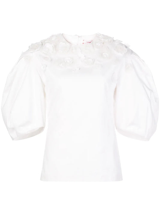 Floral Appliqués Puff Sleeve Blouse