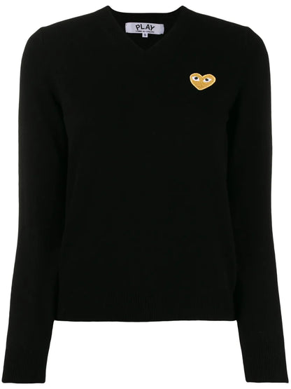 Heart-Patch V-Neck Wool Sweater