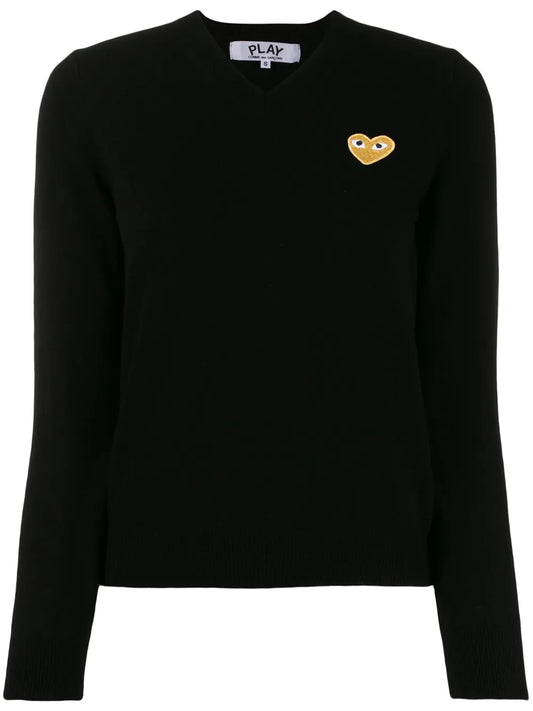 Heart-Patch V-Neck Wool Sweater