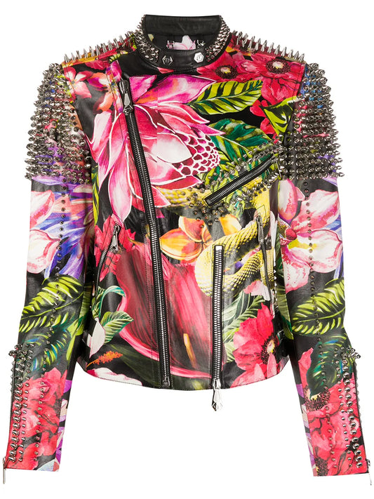 Spike-Stud Floral Biker Jacket
