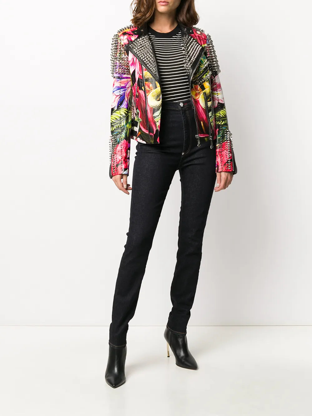Spike-Stud Floral Biker Jacket