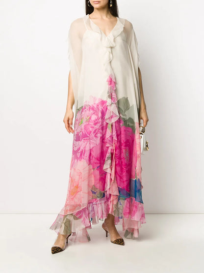 Ruffled Floral Print Gown