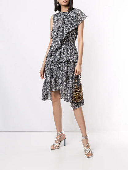 Floral Print Asymmetric Ruffled Dress