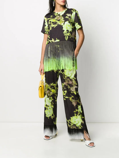 Floral Print Fringe Trim T-Shirt