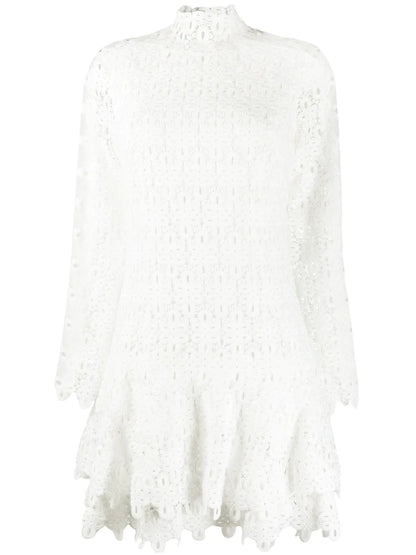 Geometric-Lace Tiered Mini Dress