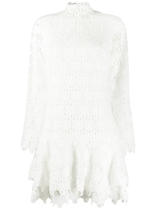 Geometric-Lace Tiered Mini Dress