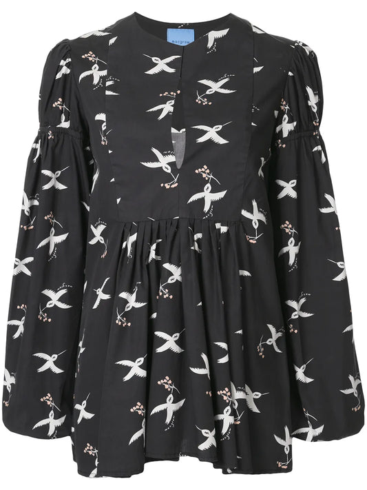 Bird Print Puff Sleeve Blouse