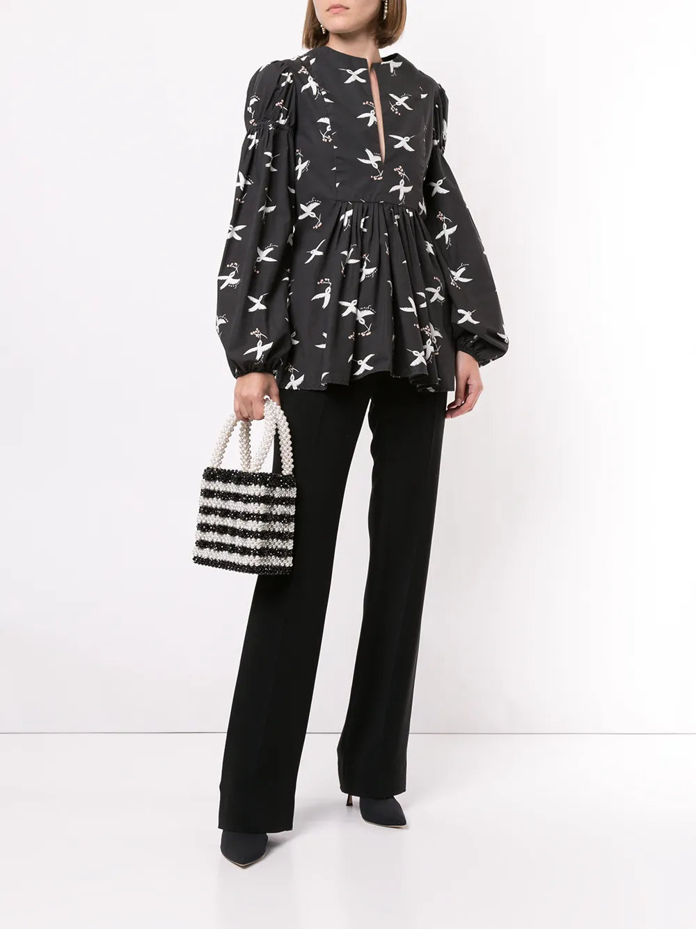 Bird Print Puff Sleeve Blouse
