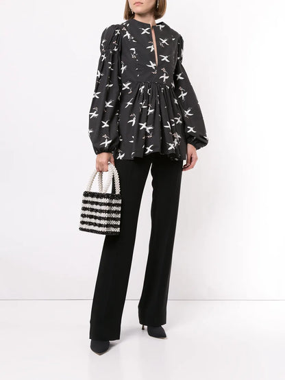 Bird Print Puff Sleeve Blouse