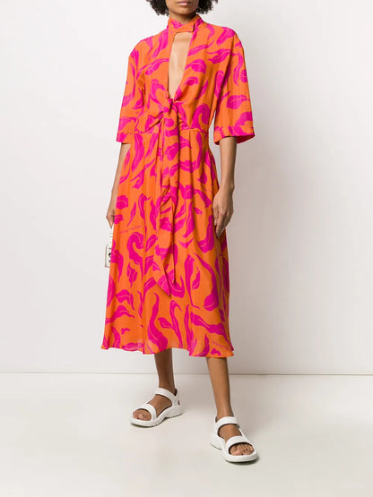 Leaf Print Plung Dress
