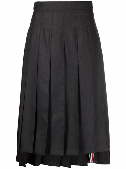 Dark Grey Super 120'S Twill Below Knee Pleated Skirt