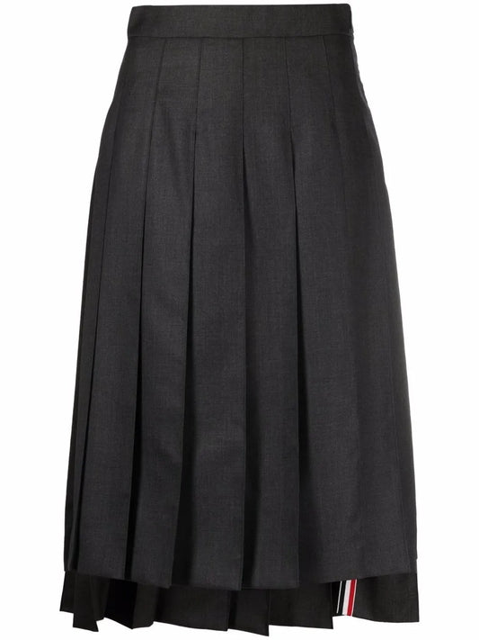 Dark Grey Super 120'S Twill Below Knee Pleated Skirt