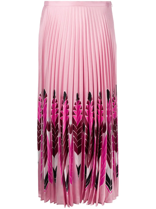 Feather Print Pleated Midi Skirt