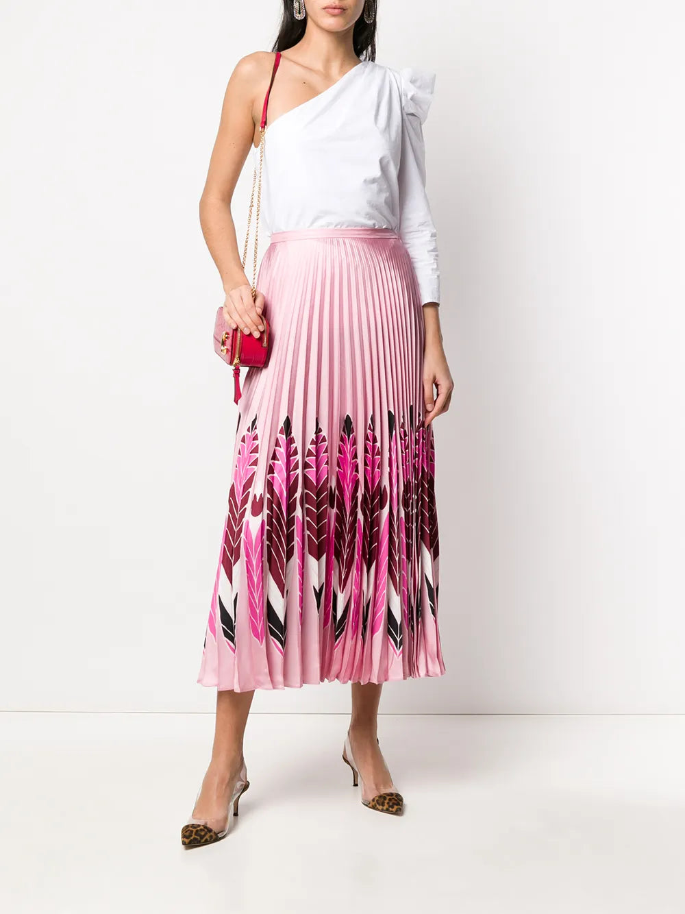 Feather Print Pleated Midi Skirt