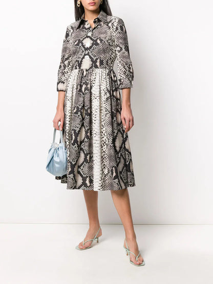 Snakeskin-Pattern Flared Dress