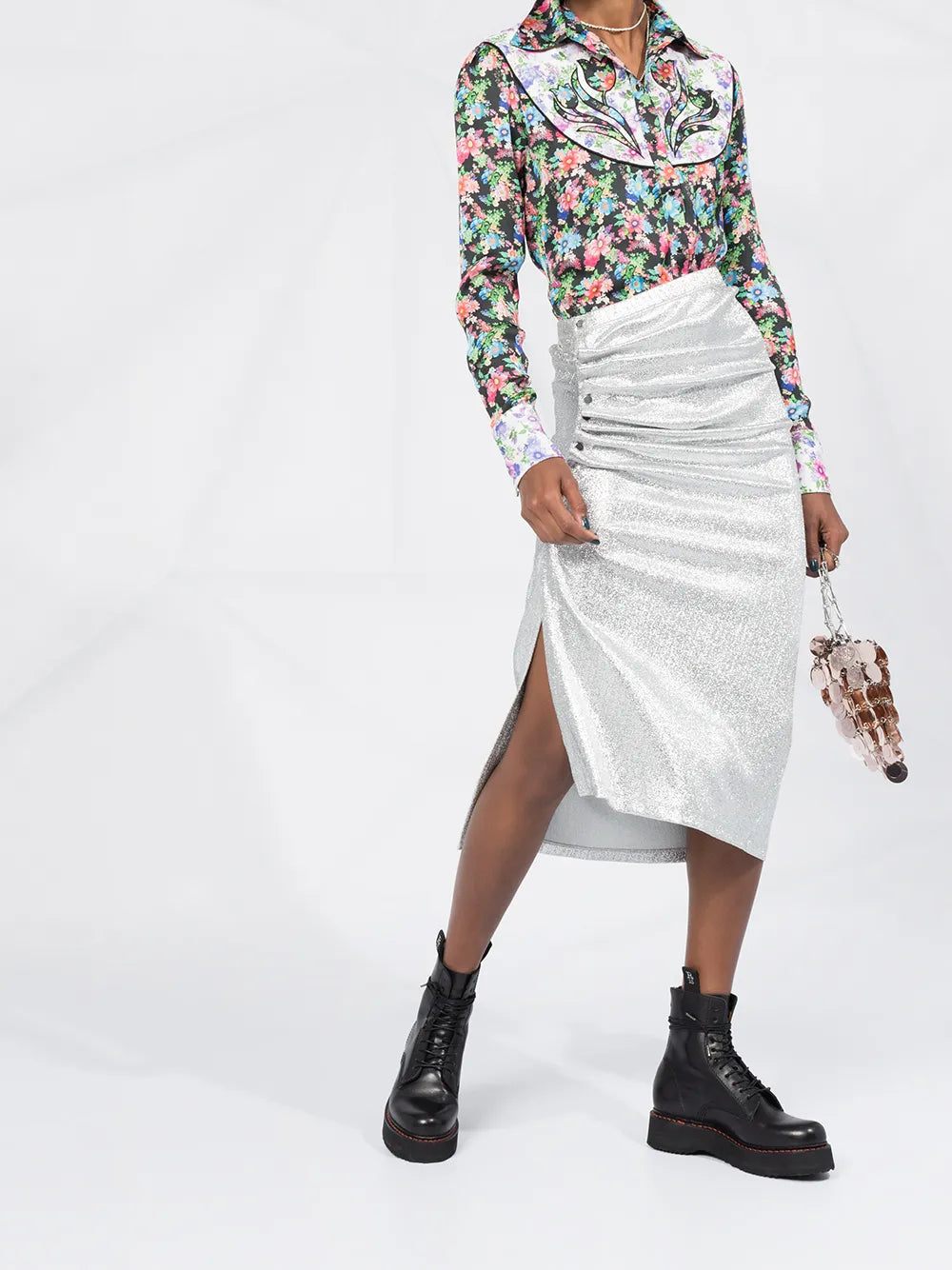 Ruched Metallic Midi Skirt