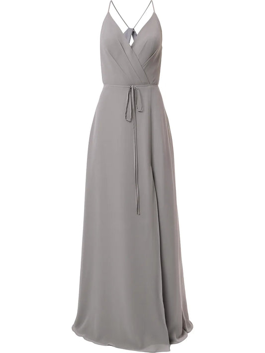 V-Neck Tie Waist Evening Gown