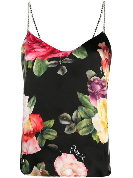 Holiday Flowers Print Silk Vest Top