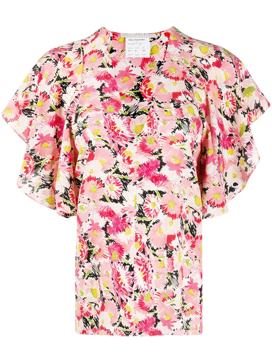 Floral-Print Flounce-Sleeve Blouse