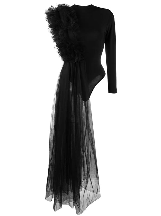 Ruched Tulle Jersey Bodysuit