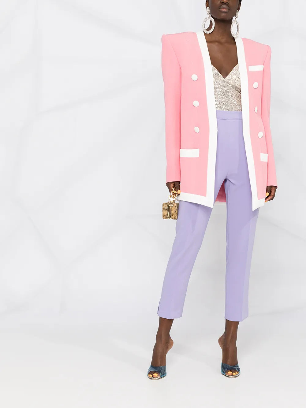 Contrasting-Trim Structured-Shoulder Blazer