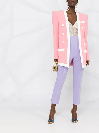 Contrasting-Trim Structured-Shoulder Blazer