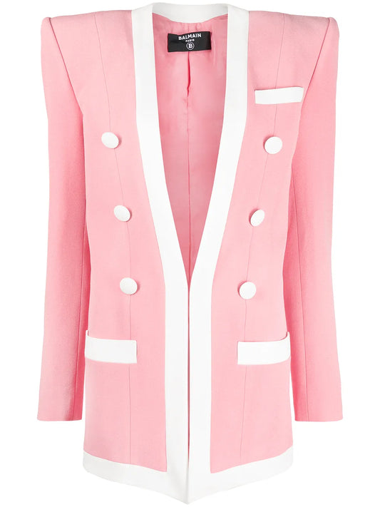 Contrasting-Trim Structured-Shoulder Blazer