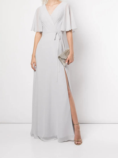 Draped-Sleeve Rear-Cutout Gown