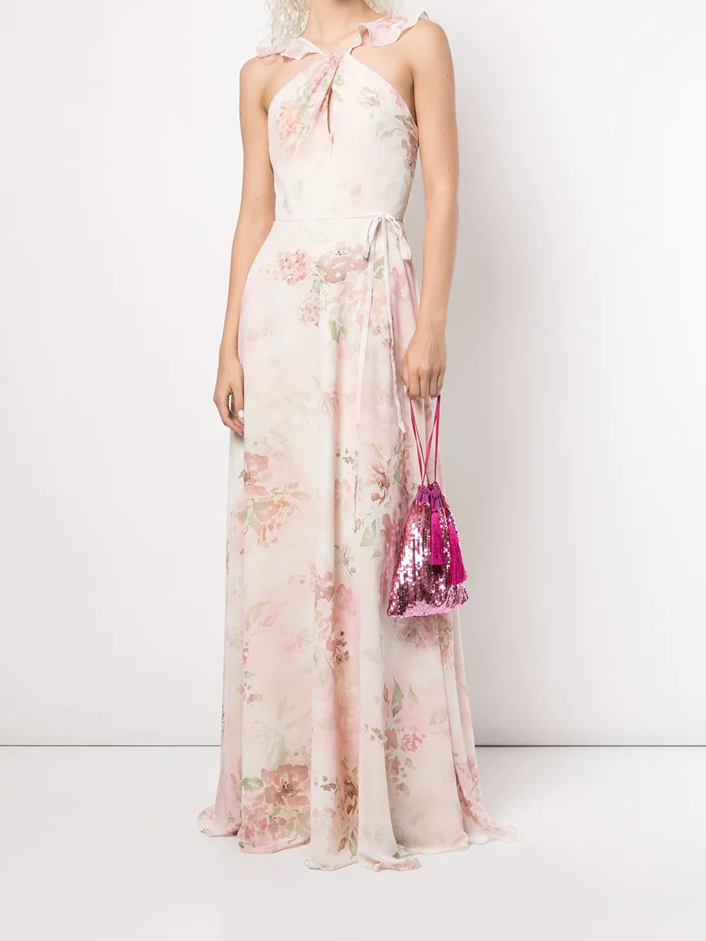 Floral Ruffle Halter-Neck Gown