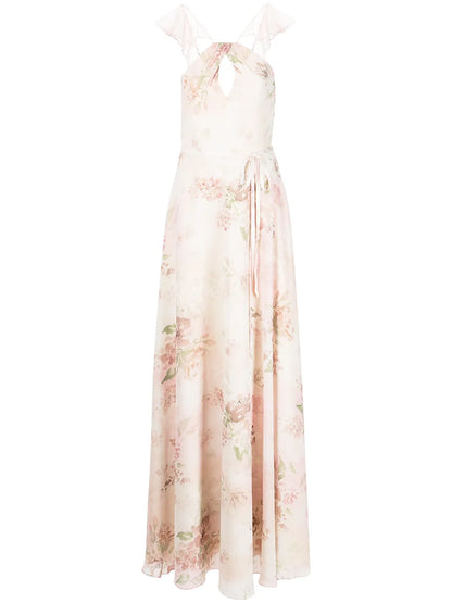 Floral Ruffle Halter-Neck Gown