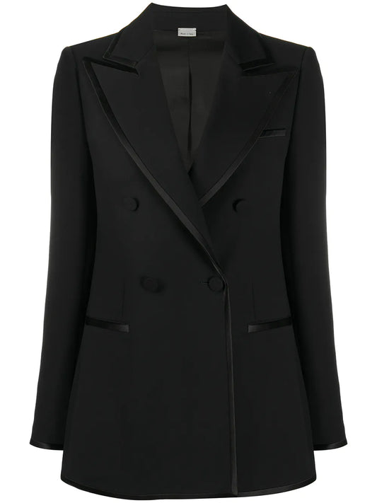 Double-Breasted Contrast-Trim Blazer