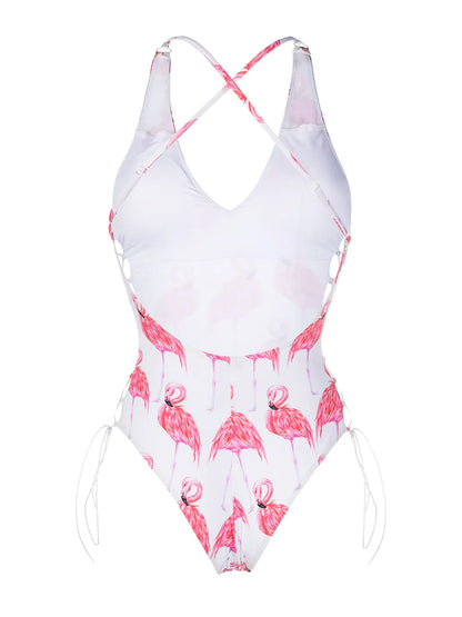 Flamingo Print Lace-Up One-Piece
