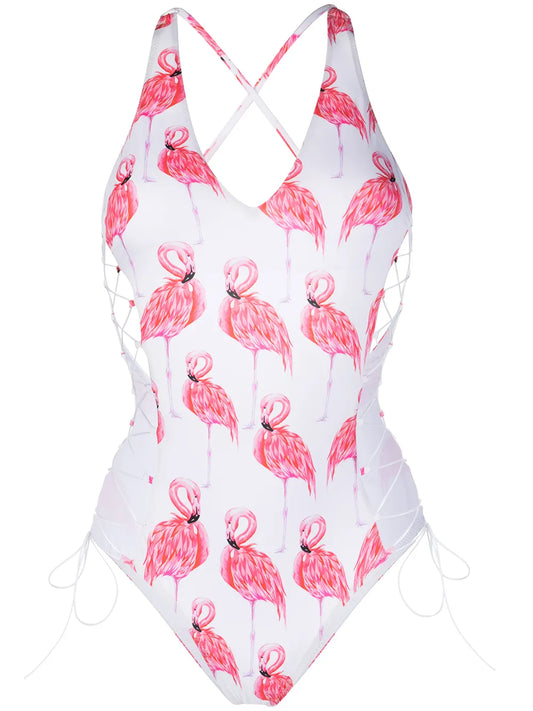 Flamingo Print Lace-Up One-Piece
