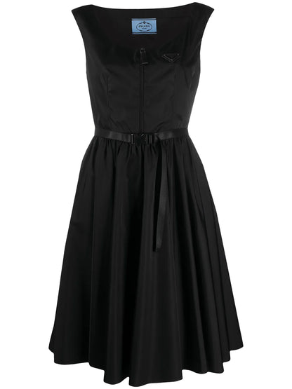 Belted Logo Plaque Flared Dress
