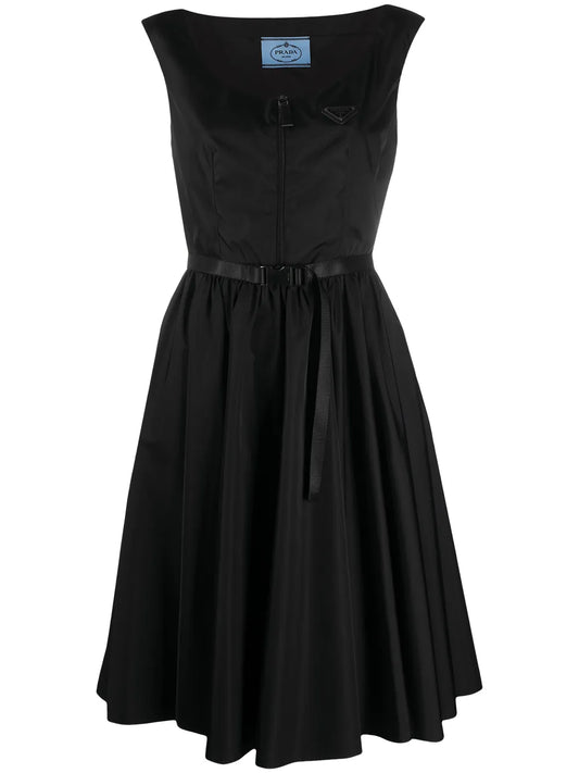 Belted Logo Plaque Flared Dress