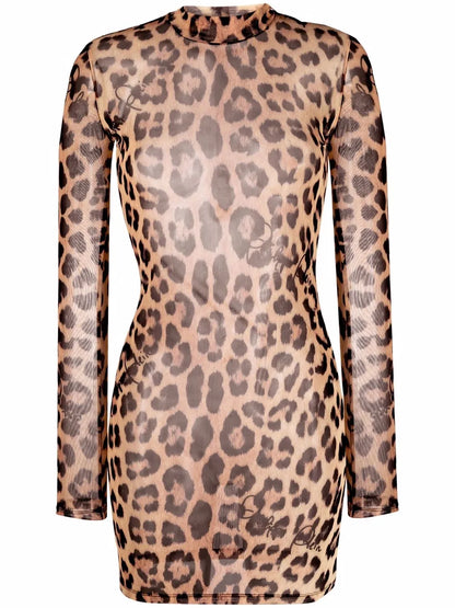 Leopard-Print Mock Neck Dress