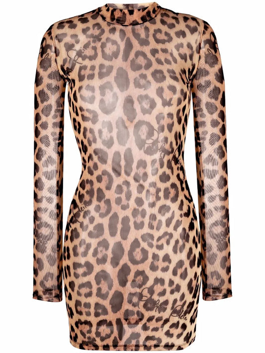 Leopard-Print Mock Neck Dress