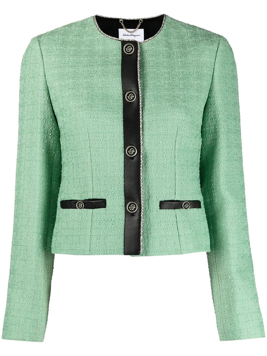 Leather-Trim Tweed Jacket