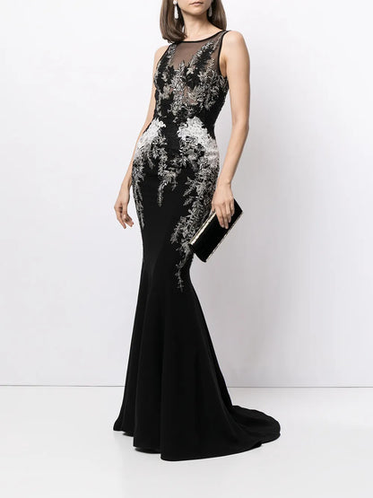 Fitted Floral Lace-Embroidered Gown