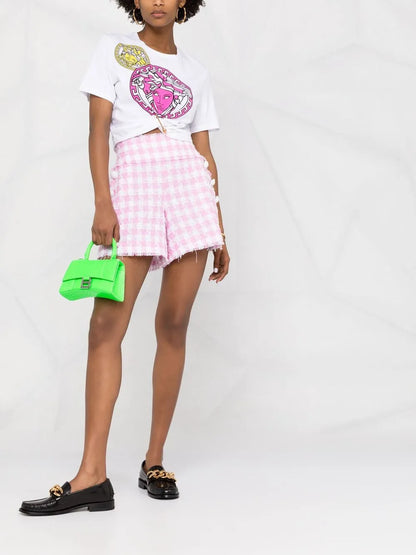 Button-Embellished Gingham Tweed Shorts
