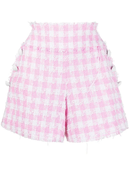 Button-Embellished Gingham Tweed Shorts
