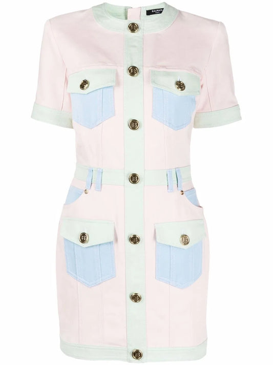 Multi-Panel Short-Sleeve Denim Dress