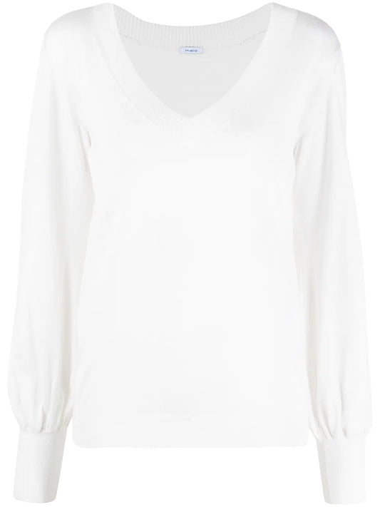 Bishop-Sleeve V-Neck Knitted Top