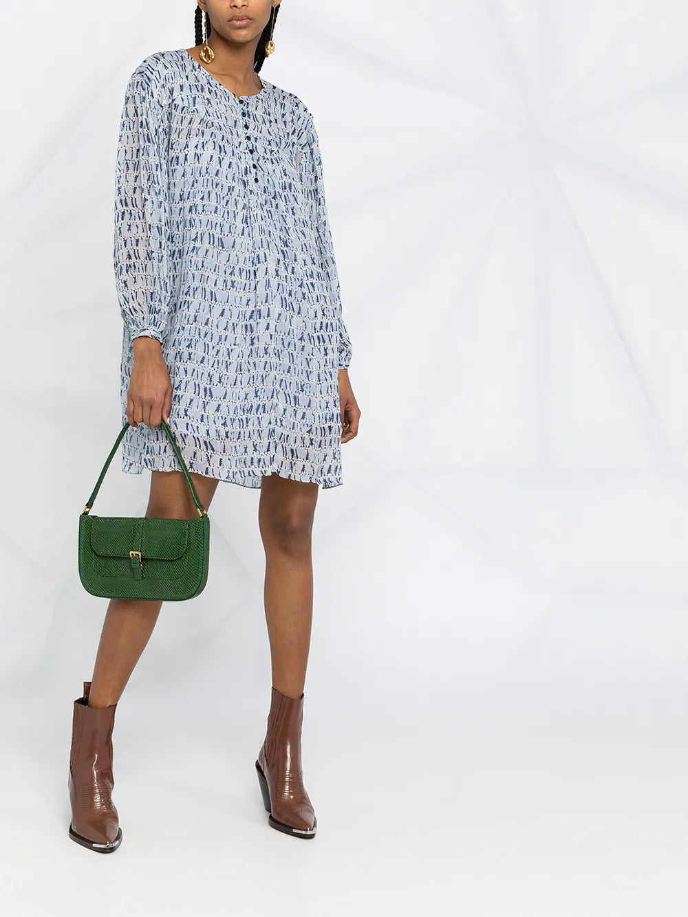 Printed Long-Sleeved Midi Dress