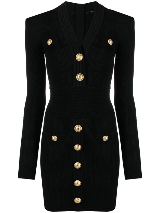 Button-Detail Ribbed Mini-Dress