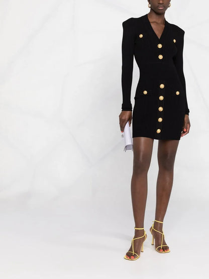 Button-Detail Ribbed Mini-Dress