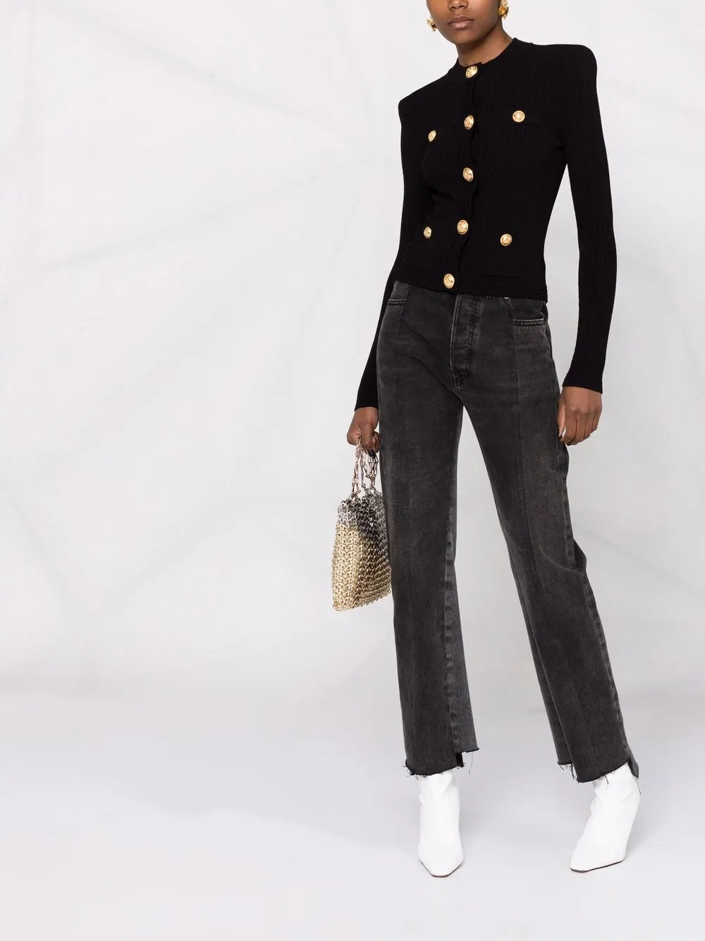 Button-Embellished Ribbed Cardigan