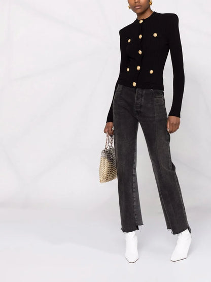 Button-Embellished Ribbed Cardigan
