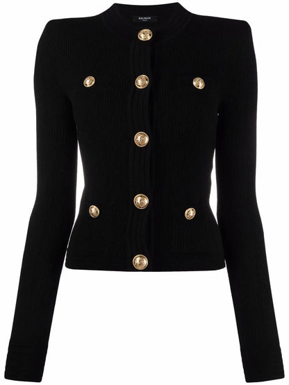 Button-Embellished Ribbed Cardigan